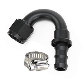 AC PERFORMANCE 150 Degree Female -10 AN to 5/8" Push Lock Hose End Barb Fitting Aluminum Black with Clamp
