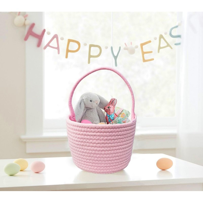 Prudance Small Cotton Woven Handle Basket, 6" x 5", Pink,Favors