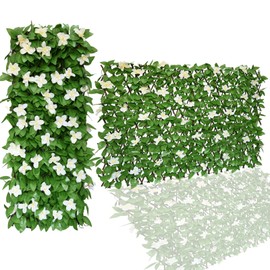 JOYSFIT Expandable Faux Ivy Fence,Artificial Privacy Screen Decor for Outdoor Wall, Balcony and Patio, Single Sided Leaves (2,White Flower)