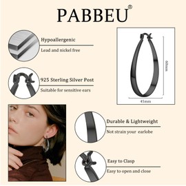 PABBEU Black Hoop Earrings for Women Hypoallergenic Sterling Silver Post Hoops Earrings Lightweight Large Black Hoop for Women Gifts 30/40/50/60MM