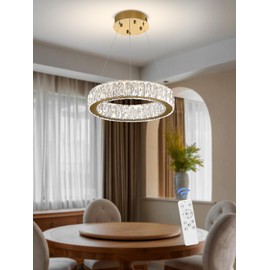 IDEQUY Modern LED Ring Pendant Light Dimmable Crystal Chandelier 15.7" Gold Crystal Chandelier for Dining Room Living Room