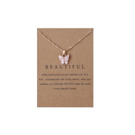 Dainty Colorful Butterfly Pendant Necklace for Women,Bohemian Acrylic Cute Butterfly Chain Necklace Retro Card Adjustable Insect Animal Necklaces Friends Female Jewelry (4 Pink-Gold Card)
