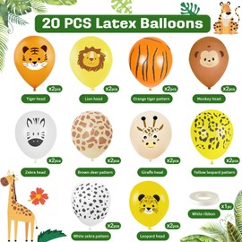 Biapian Jungle Safari Balloons, 20 PCS Animal Print Balloons, 12 inch Animal Head Pattern Safari Latex Balloons for Boys Girls Kids Birthday Baby Shower Wild One Animal Jungle Theme Party Decorations