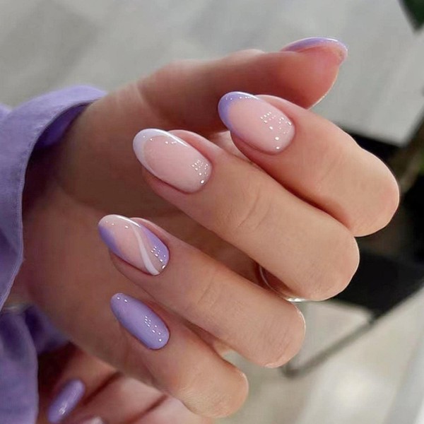 24Pcs Almond False Nails Short, Pink Purple Fake Nails Nude