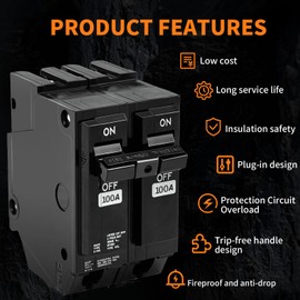 THQL2100 Circuit Breaker 100 Amp 2-Pole, Plug-in Mount, Thermal Magnetic Protection, 10KA, 120/240V, Compatible with GE Q-Line & Thick Series Load Centers