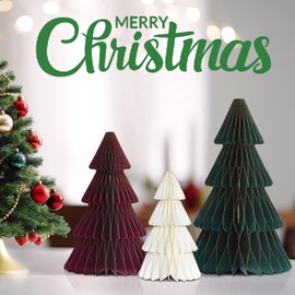 3 piezas de papel para decoración de árbol de Navidad 3D con borde de purpurina para mesa de árboles de panal para decoración moderna de mantel de Navidad, decoración de fiesta, verde, borgoña, blanco