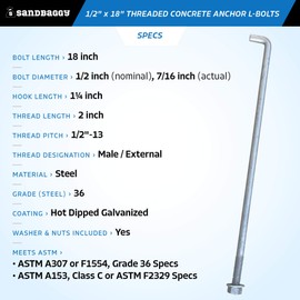Sandbaggy 1/2" x 18" Threaded Concrete Anchor L-Bolts (Nuts & Washers Included) - Hot Dipped Galvanized - Sill Plate, Base Plate, Masonry, Wood, Cement Anchors, J Bolt (20, 1/2" x 18")