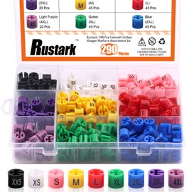 Rustark 290 Pcs Colored Clothes Hanger Markers Assortment kit- 9 Sizes (XXS - 4XL) Color-Coding Garment Size Markers Color Clothing Coded Size Clips Set with Storage Box