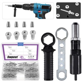 Swpeet Juego de Adaptador de Pistola de Remache Eléctrica de Aleación de Acero Negro de 211 Piezas, Incluye Cabezal de Remache de Diámetro 2.4/3.2/4.0/4.8mm y Llave de Mango con Juego de Remache Ciego