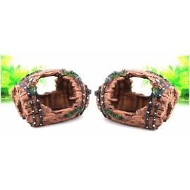 WOO LANDO Set of 2 Aquarium Resin Barrel Ornament - Natural Cave Decoration for Fish & Shrimp - Fracture Barrel Landscape Decoration for Freshwater & Saltwater Aquariums (Brown)