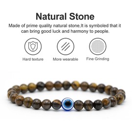 Lameybrt Evil Eye Bracelet Natural Stretch Adjustable Beaded Bracelets for Men (A03 black agate) (A05 Tigereye)