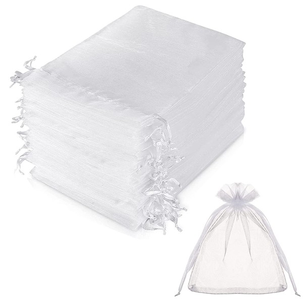 Organza Gift Bags,Organza Bags, 100Pcs White Organza Drawstring Bags,Mesh Jewelry Pouches,for Jewelry Party Wedding Favor Party Festival Gift Bags Candy Bags(7x9cm)