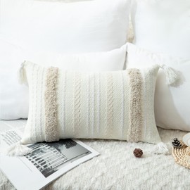 VOGOL Boho Lumbar Throw Pillow Covers 12x20, Woven Tufted Farmhouse Pillows Cover with Tassels, Textured Striped Cushion Case Decorative Pillowcase for Sofa Couch Bed, White, Pack of 1