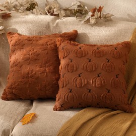 multiwins Pumpkin Fall Decorative Throw Pillow Covers 18"x18", Set of 2 Rust Red Soft Faux Fur Pillow Covers for Autumn Harvest, Fluffy Plush Accent Pillow Cases for Farmhouse Couch Cushion Covers