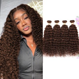 ALLRUN Brown Human Hair Bundles Curly 4 Bundles Curly Wave Chocolate Brown Human Hair Unprocessed Brazilian Remy Hair Extensions 4# Color 14 16 18 18 Inch