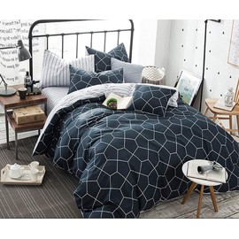 AShanlan Bed Linen Set, 135 x 200 cm, 2-Piece, Blue / White Duvet Cover, Modern Geometric Hexagon Pattern Striped Reversible Bed Linen, 100% Microfibre, with Zip, Pillowcase 80 x 80 cm, Navy Blue