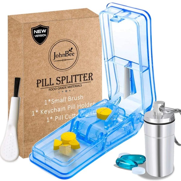 JohnBee Pill Cutter | Best Pill Cutter for Small or Large Pills | Design in The USA| Cuts Vitamins | Pill Splitter with Shield | Keychain Pill Holder As Bonus