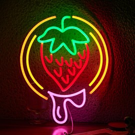 JLEWUINH Strawberry Neon Sign USB Powered Sweet Fruit Led Light Up Sign Dimmable Funny Neon Light Wall Decoration for Home Kitchen Fruit Market Dessert Shop Farmhouse Restaurants