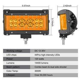 Auto Power Plus Amber LED Pod Lights Side Shooter 2pcs 120W 5 inch Light Bar Yellow Driving Fog Lights Waterproof Off Road Lights Spot Flood Combo Work Light Cube for Truck ATV UTV SUV Pickup Boat Car