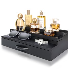 Modern Cologne Organizer for Men - 3 Tier Cologne Display with Storage Drawer - Perfume Organizer with Hidden Compartment - Great Gift for Dad and Boyfriend (Black)
