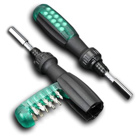 Deselen Ratcheting Screwdriver with Magnetic Bit Ratchet, Multi Bit Set, 11 in 1 Screwdriver Small Pocket Stubby Design, Green