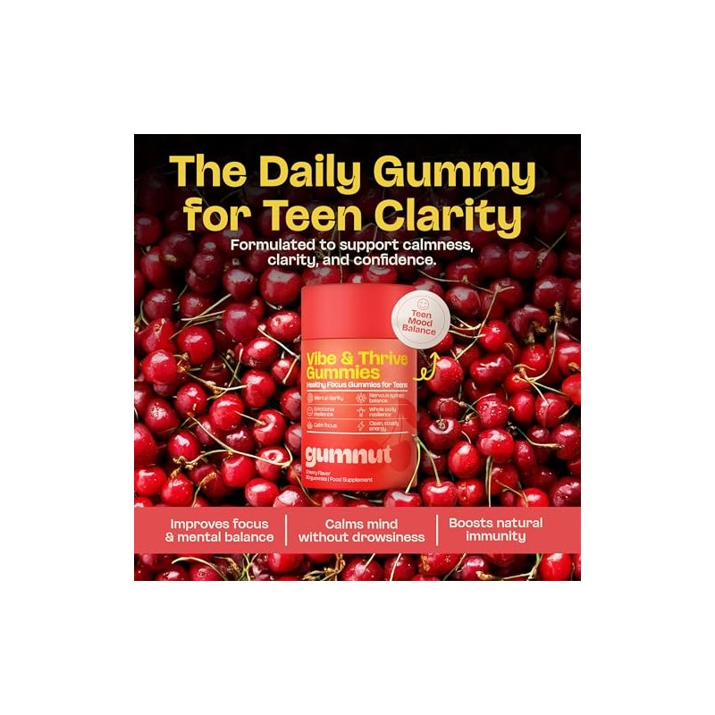 Gumnut Vibe & Thrive Teen Focus Gummies, Cherry, 30 Count