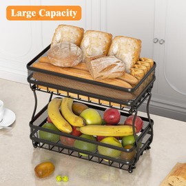 CHLORYARD 2 Tier Fruit Basket Countertop for Kitchen, Vegetable Bread Bowl Storage Stand - Detachable Metal Rectangular Wire Basket, 14-Inch Antique Black