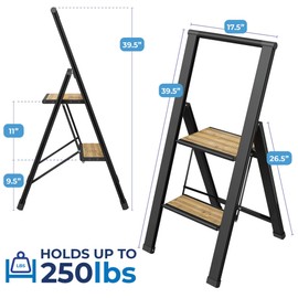 Step Ladder 2 Step Folding, Decorative - Beautiful Bamboo & Black Aluminum, Ultra Slim Profile, Anti Slip Steps, Sturdy-Portable for Home, Office, Kitchen, Photography Use,by SORFEY