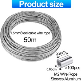 LOSYHU 1/16 Wire Rope 50m, 1.5mm Stainless Steel Wire Cable Metal Cable Hanging Wire Heavy Duty Wire Cable Rope, 7x7 Strand Core, 167kg Breaking Strength with 100pcs Aluminium Crimp Loop Sleeve