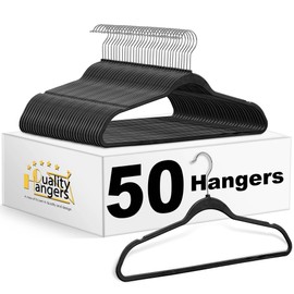 Quality Hangers 50 Pack Slim Plastic Hangers for Clothes - Heavy Duty Non-Velvet Black Hangers with 360° Swivel Chrome Hook & Non Slip Notches - Ideal for Dresses Coats Shirts Jackets & More - Black