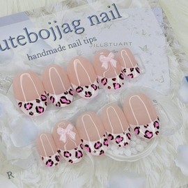 Pink Leopard Handmade Nail Tips - Square M / 핑크 레오파드 수제네일팁 - 스퀘어M