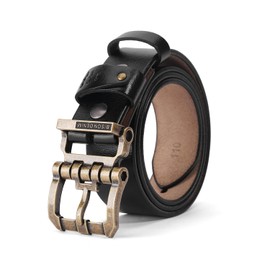 BISON DENIM Men's Belt Leather Dress Genuine Leather Classic Heavy Duty Buckle Belt Casual for Jeans, Golden buckle + black belt, Length 130 cm, fit for waist 43 - 45 inches