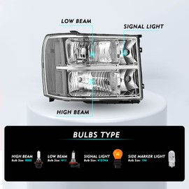 TUSDAR Fit for 2007-2013 GMC Sierra 1500 Headlight Assembly 07-14 GMC Sierra 2500 HD 3500 HD OE Factory Style Replacement LH+RH Chrome Housing with Clear Reflector