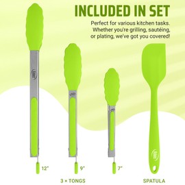 Kaluns Kitchen Tongs for Cooking Grilling Set of 4, BBQ Grill Tongs With Silicone Tip Stainless Steel Heat Resistant, Non-stick Pull Lock, Incl 7, 9, 12 Inch Tong Plus a Silicone Spatula