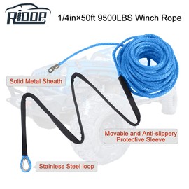 RIOOP Synthetic Winch Rope, 1/4 Inch x 50 Feet 9,500LBs Winch Cable Line with Protective Sleeve for ATV UTV (Blue)