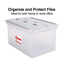 STAPLES Hanging File Folder Box, Storage Bin Organizer, Wing Lid, Letter Size Documents, Gray/Clear