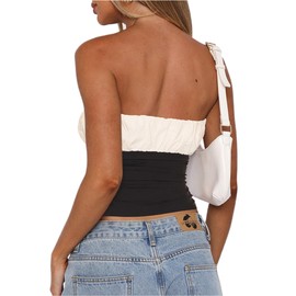CSDAJIO Summer Ruched Bubble Tube Tops for Women Strapless Shirt Backless Going Out Bandeau Crop Top White Black Small