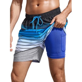 SILKWORLD Mens Swim Trunks 2 in 1 Quick Dry Swim Shorts Men's Bathing Suits with Compression Liner and 4 Pockets, Stripe (Blue & Gray Stripes), Large