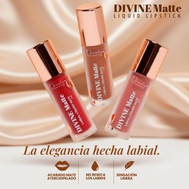 Divine Matte Labial Líquido Mate de Larga Duración, Labial Mate Aterciopelado de Alta Pigmentación, No Reseca, Aceite de Coco y Vitamina E, 8 Tonos, 3.6 g (01 Atardecer)