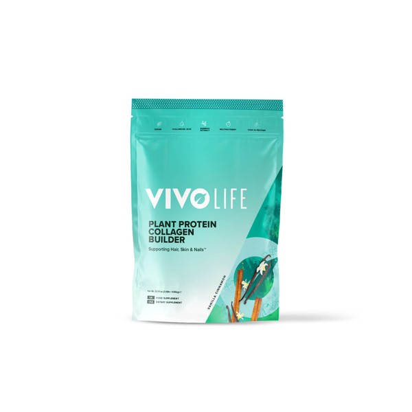 Vivo life - Plant Protein Collagen Builder with Vitamin C, Amino Acids and Hyaluronic Acid, Support Healthy Hair, Skin & Nails, Vegan (Vanilla & Cinnamon)