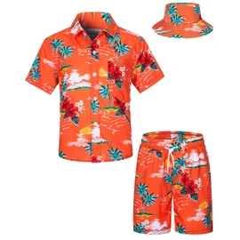 TUNEVUSE Little and Big Boys Hawaiian Shirt and Short Set, Summer Printed Kids Cabina Set with Hats, Orange09, 3T - 4T