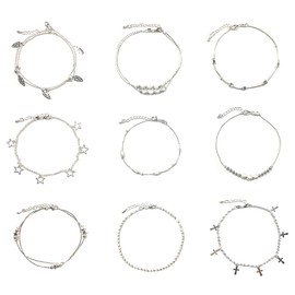 Huture 9 Pieces Women's Anklet 925 Sterling Silver Barefoot Beach Bracelets Boho Ankle Chains Silver Foot Clip Summer Foot Jewellery Adjustable Silver Jewellery Anklet