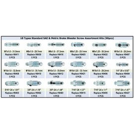 Brake Caliper & Brake Bleeder Screw,Wheel Cylinder Bleeder Replace 30300, 90PCS 18Types Screw Assortment, Bleeder Valve, Standard SAE & Metric Bleeding Screws Bleed Kit