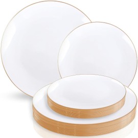 Blue Sky Organic Gold/White Rim Combo Plates - 7.5" (24 Count) & 10.25" (12 Count) Combo Pack | Multipurpose Disposable Plastic Dinnerware for Weddings & Events
