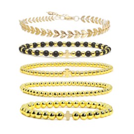 5 Pcs Gold Bracelet for Women,18K Gold Plated Beaded Bracelets Gold and Obsidian Stretch Bead Ball Bracelet Stack Set,Clover Bracelet Gold Cross Bracelet for Women Jewelry for Gifts(7.25in,style B)