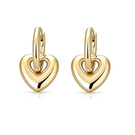 Heart Charm Hoop Earrings, Gold and Silver Tone, Dangle Drop Huggie Hoops with Heart Pendant, Small Dainty Lightweight Jewelry for Women Valentine's Day Birthday Gifts (Gold-1)