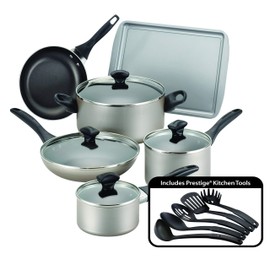 Farberware Dishwasher Safe Nonstick Cookware Pots and Pans Set, 15 Piece, Champagne