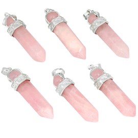 TUMBEELLUWA 2 PCS Healing Crystal Point Pendant Necklaces for Unisex Hexagonal Prism Stone Pendants with Chain, Rose Quartz+7 Chakra