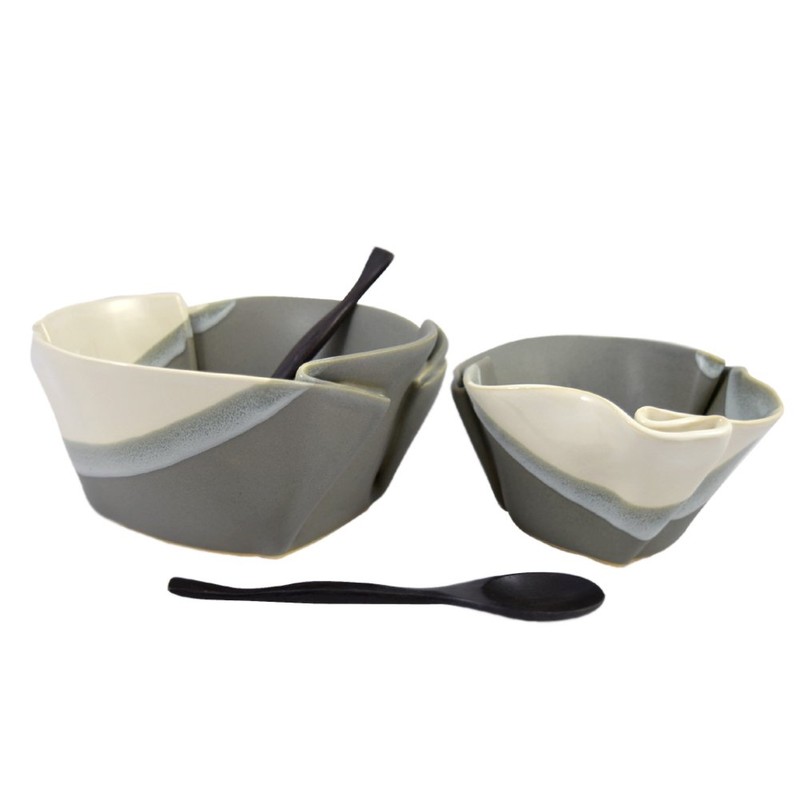 Contemporary Twist Salad and Soup Bowl Set in Grey/White, Handmade