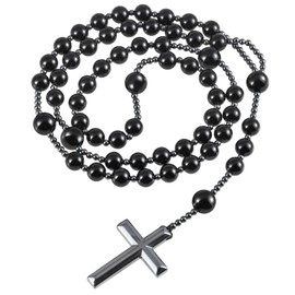 mookaitedecor Hematite Black Obsidian Crystal Necklace Healing Crystal Cross Pendant Necklace for Men, Reiki Spiritual Protection Religious Christian Gift Stone Beaded Cross Necklace Long Chain